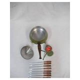 Vintage Green Fondue with Sterno with  8 wood Handled Fondue Forks