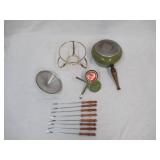 Vintage Green Fondue with Sterno with  8 wood Handled Fondue Forks