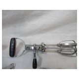 Lot of Vintage Baking, Serving & Cutting Utensils, Strainers, Rolling Pin, Beaters, and more.