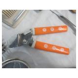 Lot of Vintage Baking, Serving & Cutting Utensils, Strainers, Rolling Pin, Beaters, and more.