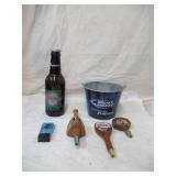 Vintage Beer Paraphernalia. Budweiser Bottle Bud Lite bucket and Beer Tabs