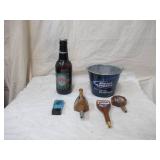 Vintage Beer Paraphernalia. Budweiser Bottle Bud Lite bucket and Beer Tabs