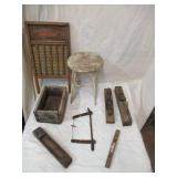 Vintage lot of primitive pieces. Milking stool, wood box, planes, saw, wash board.