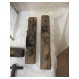 Vintage lot of primitive pieces. Milking stool, wood box, planes, saw, wash board.