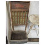 Vintage lot of primitive pieces. Milking stool, wood box, planes, saw, wash board.