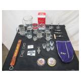Vintage Lot of Barware: Beer Mugs, Pitcher, Shot Glasses, Wine Glasses, Coasters, openers and more.