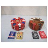 2 Vintage Poker Chips Card Caddy Spinning Carousel Holders filled with Vintage Poker Chips and 4 deck of cards