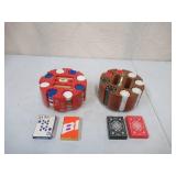 2 Vintage Poker Chips Card Caddy Spinning Carousel Holders filled with Vintage Poker Chips and 4 deck of cards