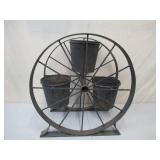 Vintage Metal Planter 3 Pots with rustic Wagon Wheel