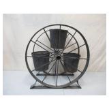 Vintage Metal Planter 3 Pots with rustic Wagon Wheel