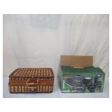 Lot of Wicker Picnic Basket and (NEW in Box) Texsport 13 Piece Enameled Cookware Set