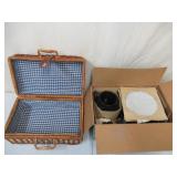 Lot of Wicker Picnic Basket and (NEW in Box) Texsport 13 Piece Enameled Cookware Set