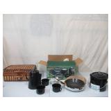 Lot of Wicker Picnic Basket and (NEW in Box) Texsport 13 Piece Enameled Cookware Set