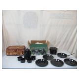 Lot of Wicker Picnic Basket and (NEW in Box) Texsport 13 Piece Enameled Cookware Set