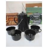 Lot of Wicker Picnic Basket and (NEW in Box) Texsport 13 Piece Enameled Cookware Set