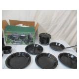 Lot of Wicker Picnic Basket and (NEW in Box) Texsport 13 Piece Enameled Cookware Set