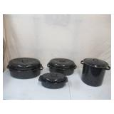 Lot of Vintage Blue and Black Speckled Enamelware: 1- Stock Pot with Lid and 3 Oven Roasting Pans with Lids