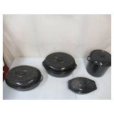 Lot of Vintage Blue and Black Speckled Enamelware: 1- Stock Pot with Lid and 3 Oven Roasting Pans with Lids