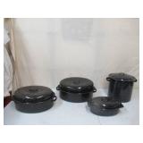 Lot of Vintage Blue and Black Speckled Enamelware: 1- Stock Pot with Lid and 3 Oven Roasting Pans with Lids