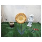 Lot of various Gardening Items: Sunflower Bird Bath, Fence Flower Pot Holder, Tools, Girl Statue
