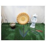 Lot of various Gardening Items: Sunflower Bird Bath, Fence Flower Pot Holder, Tools, Girl Statue