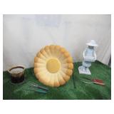 Lot of various Gardening Items: Sunflower Bird Bath, Fence Flower Pot Holder, Tools, Girl Statue