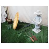 Lot of various Gardening Items: Sunflower Bird Bath, Fence Flower Pot Holder, Tools, Girl Statue