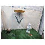 Lot of various Gardening Items: Sunflower Bird Bath, Fence Flower Pot Holder, Tools, Girl Statue