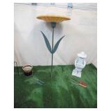 Lot of various Gardening Items: Sunflower Bird Bath, Fence Flower Pot Holder, Tools, Girl Statue