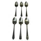 Six Sterling Silver Spoons - 6" Gorham Pat. 1913 Etruscan, 6" Treasure Pat. 1921, 5.75" Madam Jumel by Whiting (136 grams total weight)