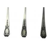 Six Sterling Silver Spoons - 6" Gorham Pat. 1913 Etruscan, 6" Treasure Pat. 1921, 5.75" Madam Jumel by Whiting (136 grams total weight)