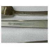 Assorted Sterling Silver Pieces - International Sterling 7.5" Weighted Reinforced, 6" Lunt Sterling 021 Reinforced Vase, 4.25" Lunt Sugar Tongs, 4" Lunt Fork, 2" Glass Jar with Sterling Lid, and Mothe