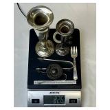 Assorted Sterling Silver Pieces - International Sterling 7.5" Weighted Reinforced, 6" Lunt Sterling 021 Reinforced Vase, 4.25" Lunt Sugar Tongs, 4" Lunt Fork, 2" Glass Jar with Sterling Lid, and Mothe