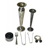 Assorted Sterling Silver Pieces - International Sterling 7.5" Weighted Reinforced, 6" Lunt Sterling 021 Reinforced Vase, 4.25" Lunt Sugar Tongs, 4" Lunt Fork, 2" Glass Jar with Sterling Lid, and Mothe