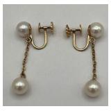 Vintage 14K Pearl Drop Screw Back Earrings (1.25" long) (2.9 grams total weight)
