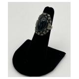 Vintage Sterling Silver and Black Onyx Oval Ring with 9 Stones (6.5 grams total weight)
