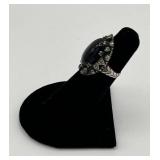 Vintage Sterling Silver and Black Onyx Oval Ring with 9 Stones (6.5 grams total weight)