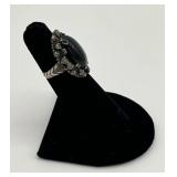 Vintage Sterling Silver and Black Onyx Oval Ring with 9 Stones (6.5 grams total weight)