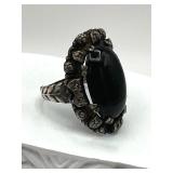 Vintage Sterling Silver and Black Onyx Oval Ring with 9 Stones (6.5 grams total weight)