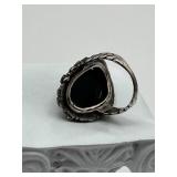 Vintage Sterling Silver and Black Onyx Oval Ring with 9 Stones (6.5 grams total weight)