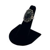 Vintage Sterling Silver and Black Onyx Oval Ring with 9 Stones (6.5 grams total weight)