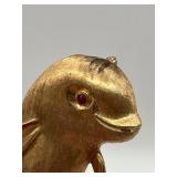 Vintage 14K Solid Yellow Gold Ruby Eye Dolphin Brooch Stamped 969/14K/FJG (17.5 grams)