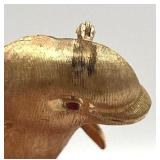 Vintage 14K Solid Yellow Gold Ruby Eye Dolphin Brooch Stamped 969/14K/FJG (17.5 grams)