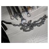 Lot of 7 huge wrenches, a dog chain and a a dry adhesive ( USED)