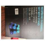 A box of 32LB Hand weight (Two 3LB, Two 5lb and Two 8LB) Plus storage rack