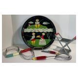 Vintage Mason Ware Toleware Serving Round Tray and Red Wood Handled Utensils