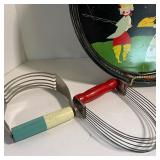 Vintage Mason Ware Toleware Serving Round Tray and Red Wood Handled Utensils