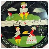 Vintage Mason Ware Toleware Serving Round Tray and Red Wood Handled Utensils