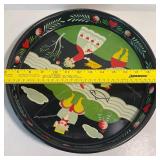 Vintage Mason Ware Toleware Serving Round Tray and Red Wood Handled Utensils