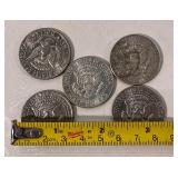 Five Kennedy Half Dollars in Circulated Condition 1964,1968,1971,1972,1974